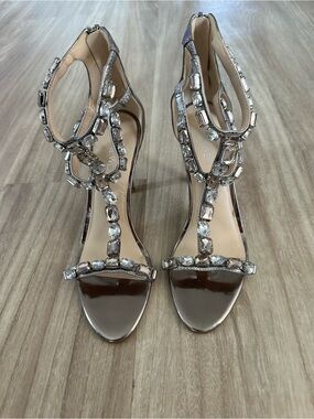 NINE WEST Embellished Metallic T-Strap Heels - Silver rhinestones, size 7.5